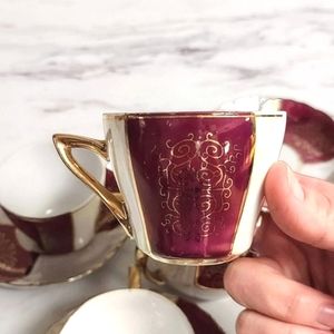 Vintage Tea Set 9 pc 18k Cups Saucers Sugar Bowl w Lid Japan Red Gold Porcelain